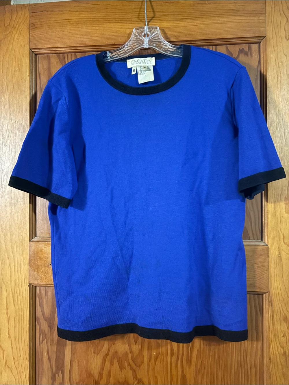 Vintage Escada Blue Short-Sleeve Knit Shirt with Black Trim